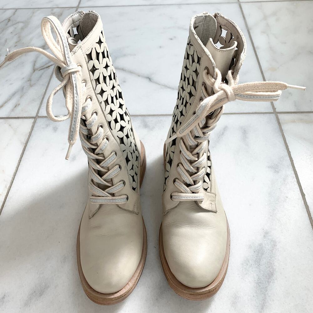Free People Flower Power Cut Out Lace Up Leather Combat Boot Ivory Size 37 - Picture 6 of 11